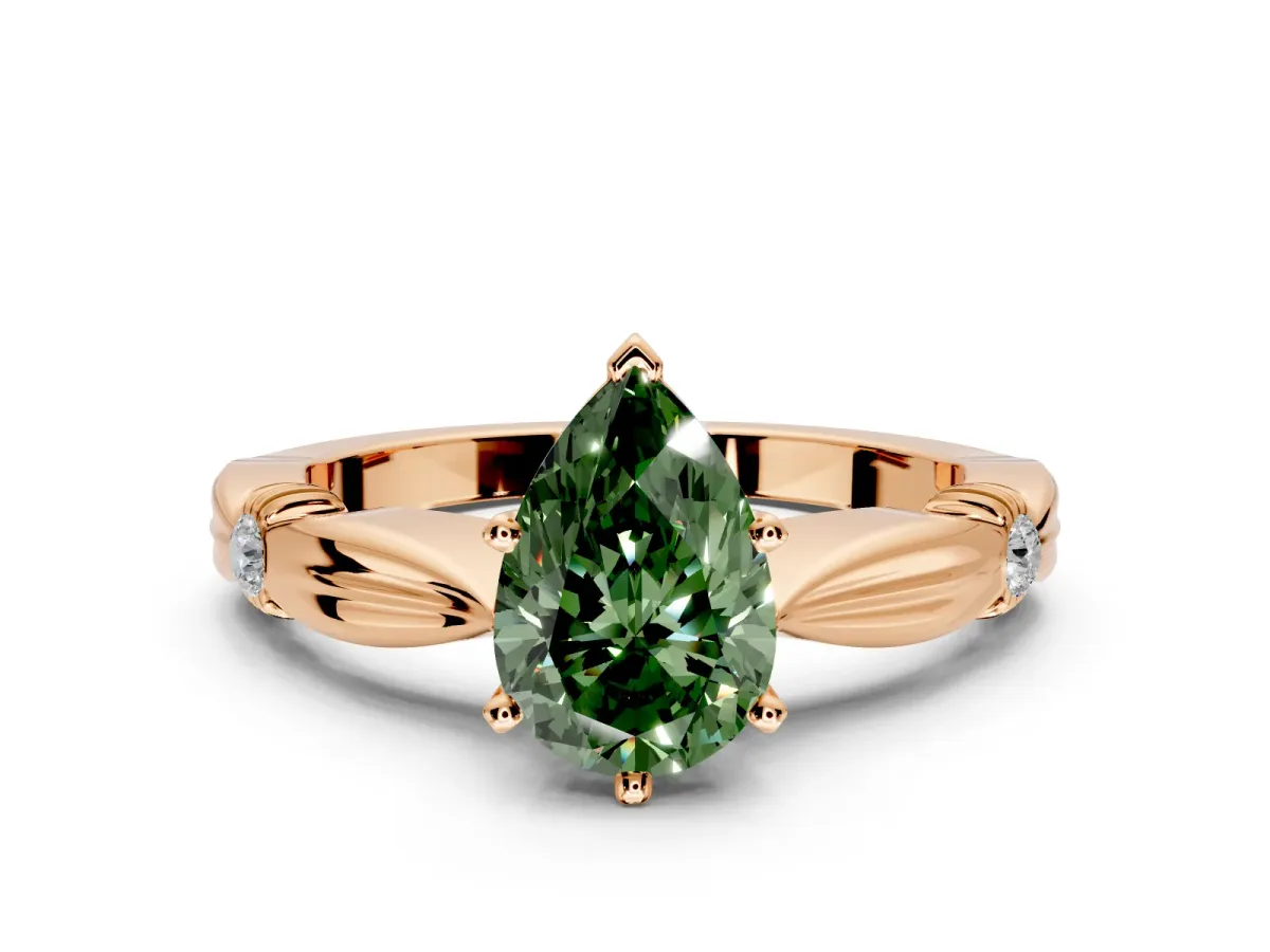 Solitaire Engagement Ring Setting for Fancy Green Pear-Shaped Center with Carved Leaf Shoulders and Prong Head in Rose Gold