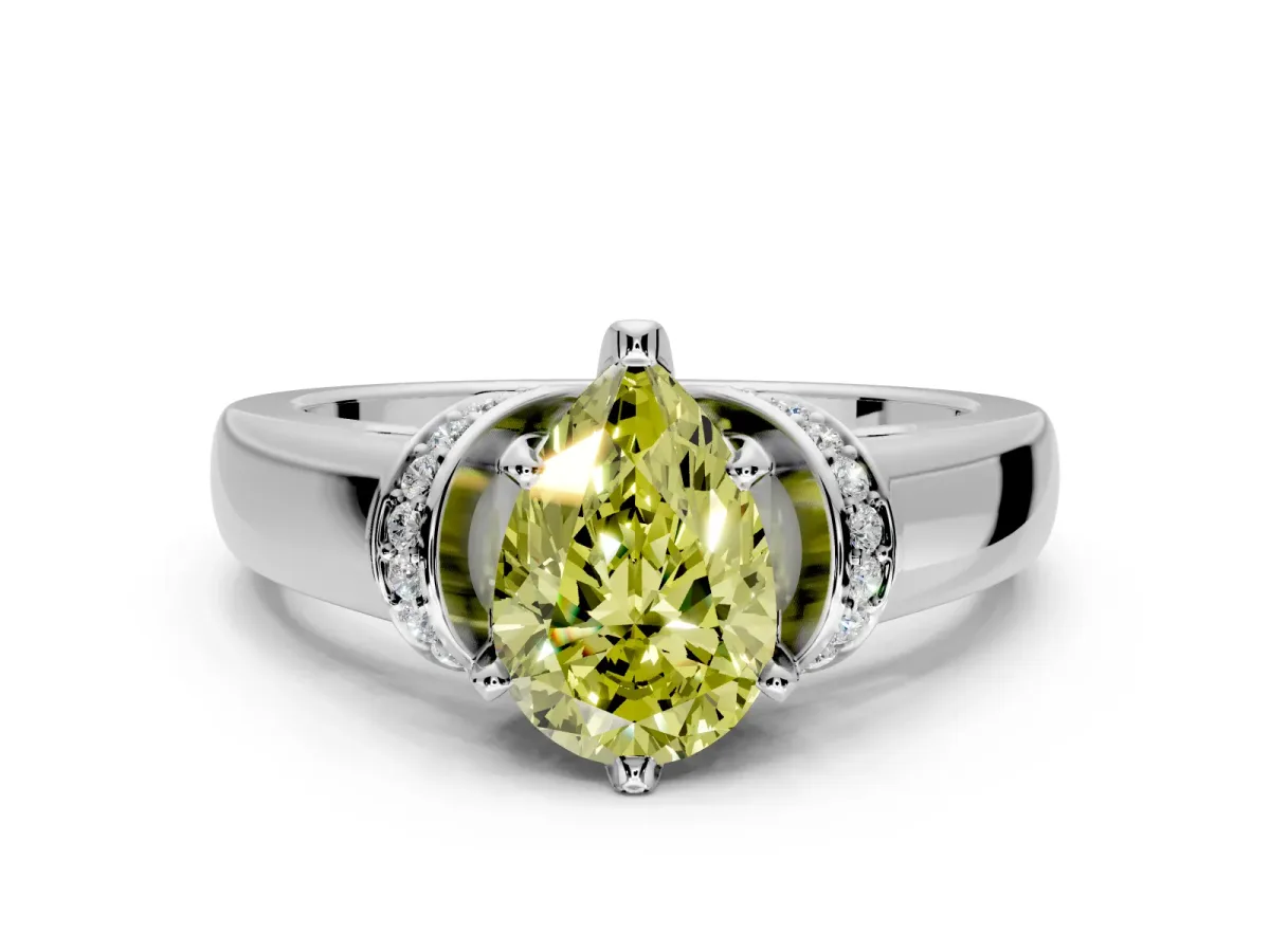 Solitaire Engagement Ring Setting for Fancy Yellow Pear-Shaped Center with Wide Band, Pave Collar and Prong Head in Platinum