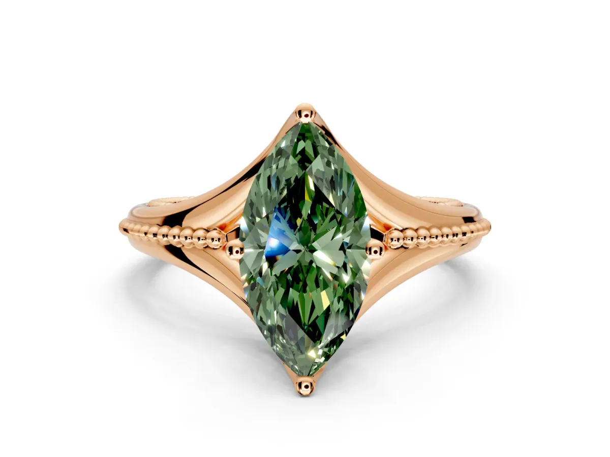 Solitaire Engagement Ring Setting for Fancy Green Marquise Center with Milgrain Cathedral Band and Prong Head in Rose Gold