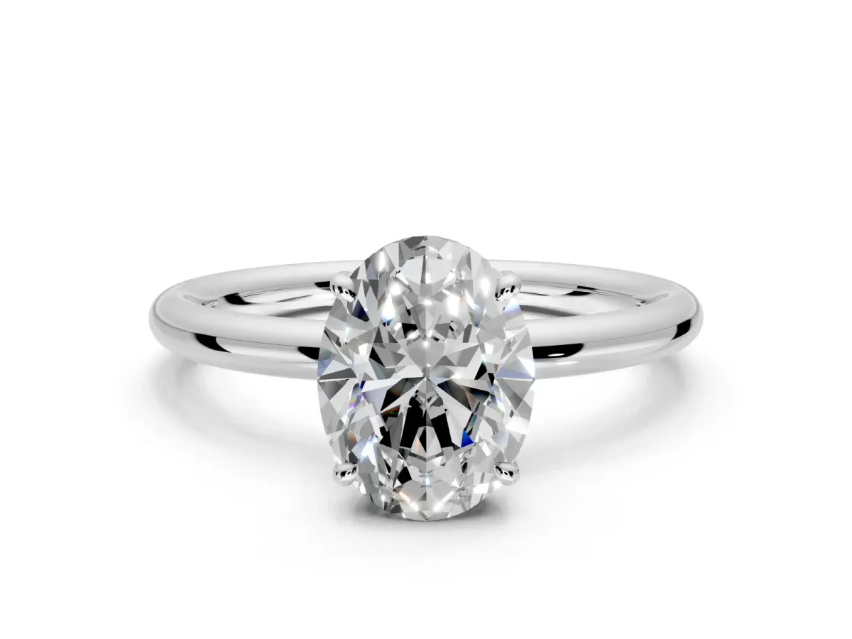 Hidden Halo Engagement Ring Setting for Oval Center with Thin Rounded Band and Prong Head in Sterling Silver