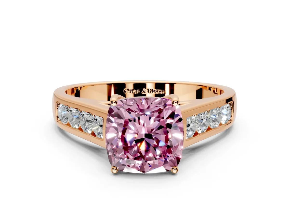 Solitaire Engagement Ring Setting for Fancy Pink Cushion Cut Center with Round Cut Channel Band and Prong Head in Rose Gold