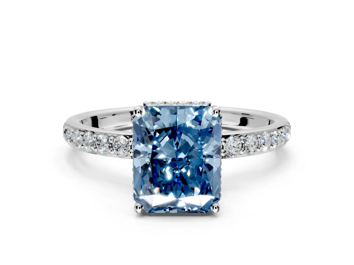 Hidden Halo Engagement Ring Setting for Fancy Blue Radiant Cut Center with Pave Band and Prong Head in White Gold
