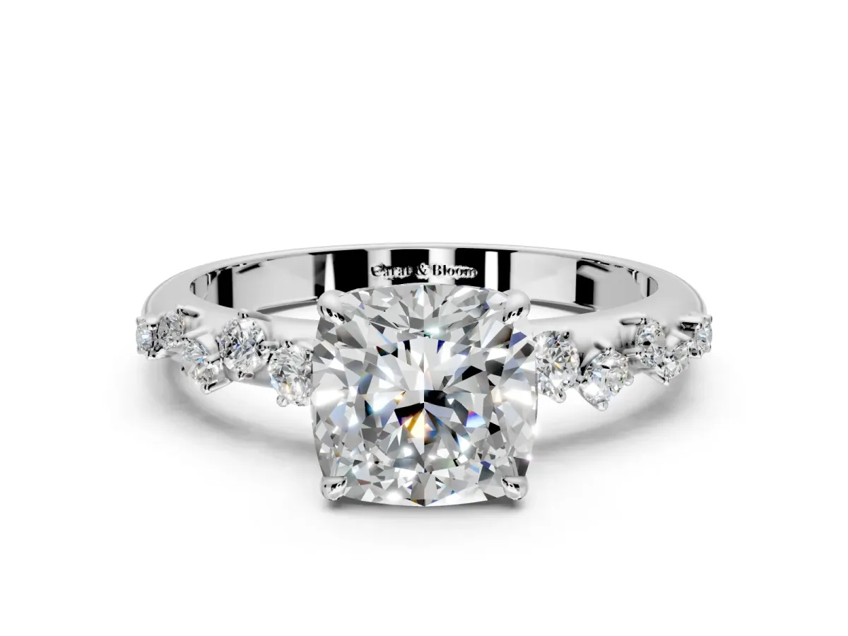 Cluster Engagement Ring Setting for Cushion Cut Center with Round Cut Accent Band and Prong Head in White Gold