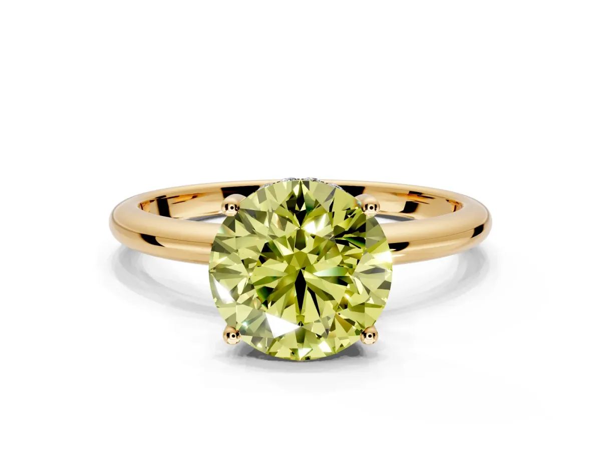 Hidden Halo Engagement Ring Setting for Fancy Yellow Round Cut Center with Thin Round-Wire Band and Prong Head in Yellow Gold