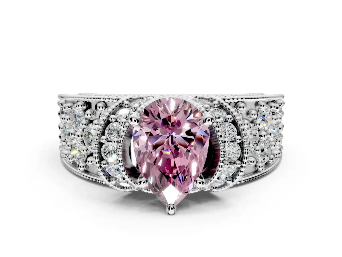 Pave Engagement Ring Setting for Fancy Pink Pear-Shaped Center with Curved Accent Rows, Openwork and Prong Head in Platinum