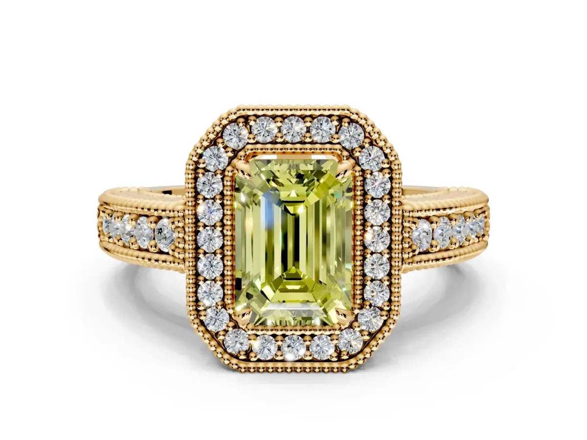 Milgrain Halo Engagement Ring Setting for Fancy Yellow Emerald Cut Center with Pave Band and Prong Head in Yellow Gold