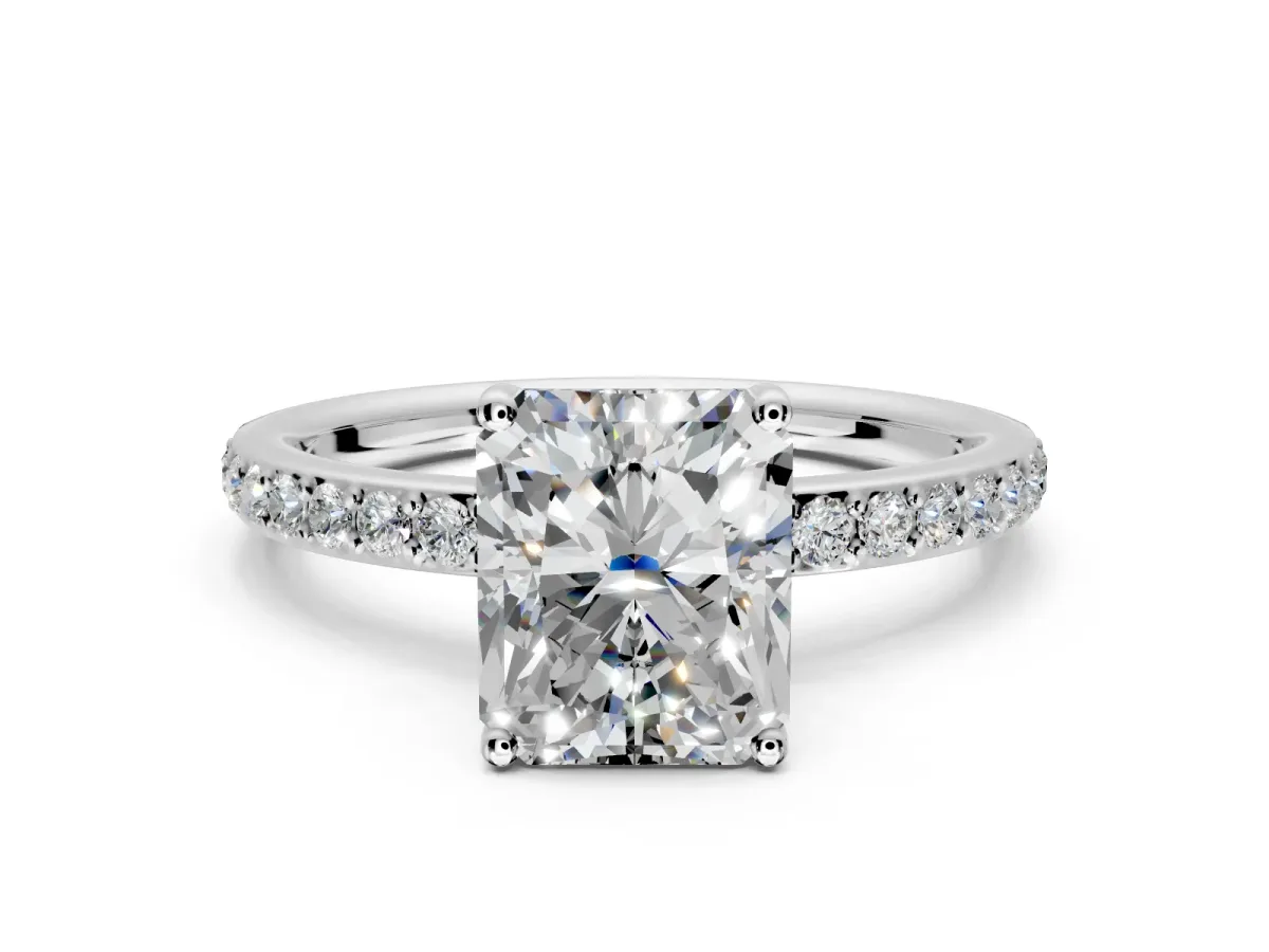 Solitaire Engagement Ring Setting for Radiant Cut Center with Fine Pave Band and Prong Head in Sterling Silver