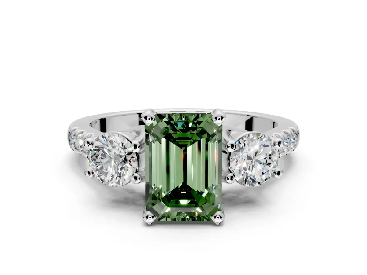 3 Stone Engagement Ring Setting for Fancy Green Emerald Cut Center with Crossover Basket, Pave Band and Prong Head in Platinum