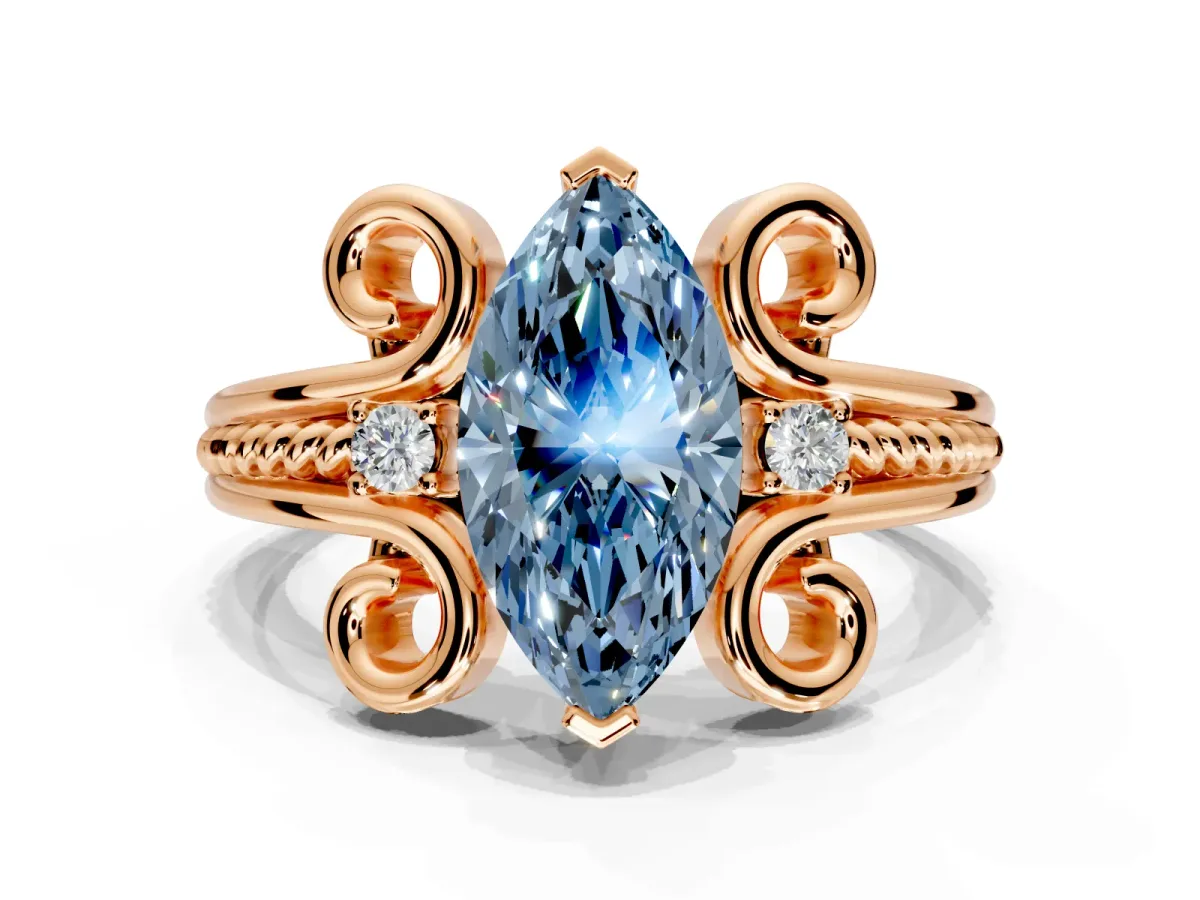 Solitaire Engagement Ring Setting for Fancy Blue Marquise Center with Twisted Band and Scroll Prong Head in Rose Gold