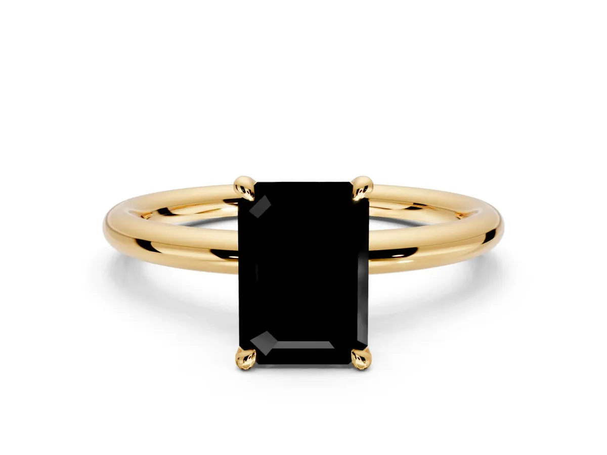 Hidden Halo Engagement Ring Setting for Fancy Black Emerald Cut Center with Thin Rounded Band and Prong Head in Yellow Gold