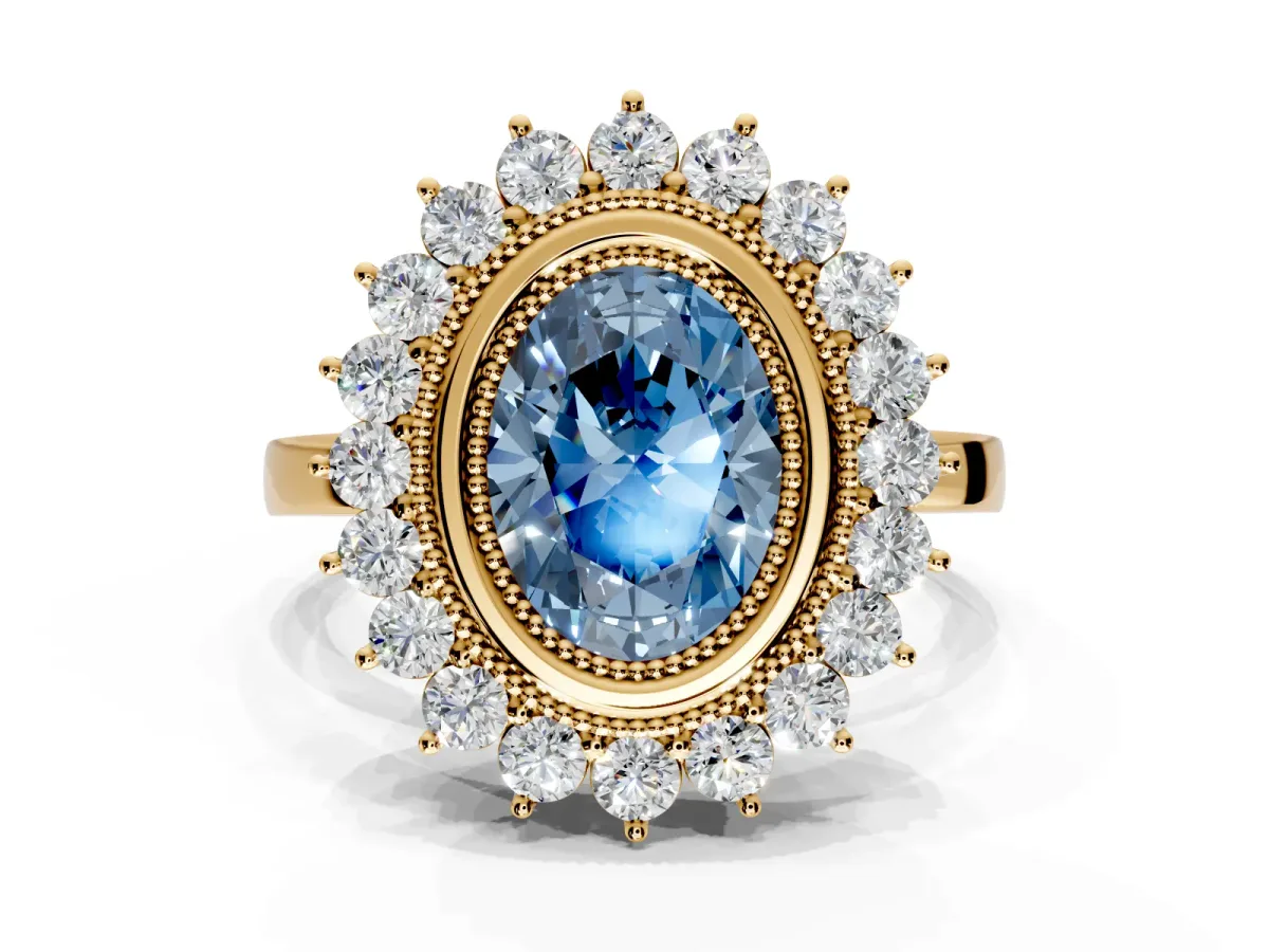 Halo Engagement Ring Setting for Fancy Blue Oval Center with Milgrain Bezel Rim, Plain Band and Prong Head in Yellow Gold