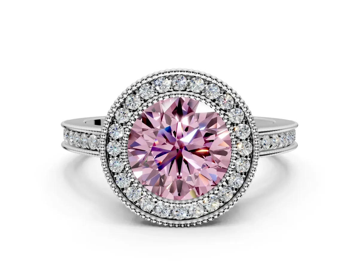 Halo Engagement Ring Setting for Fancy Pink Round Cut Center with Milgrain Halo, Pave Band and Prong Head in Sterling Silver