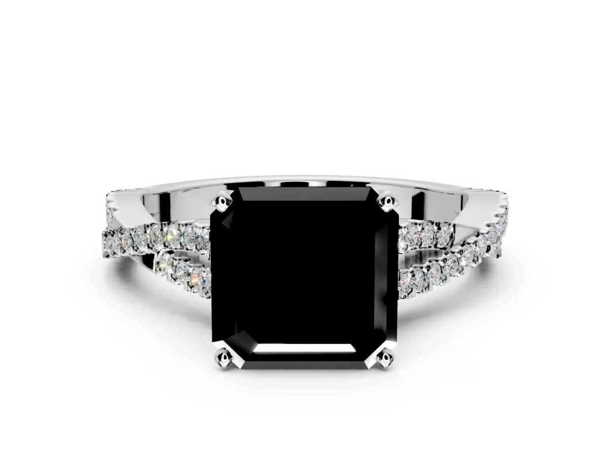Solitaire Engagement Ring Setting for Fancy Black Asscher Cut Center with Twisted Pave Split Shank and Prong Head in Sterling Silver