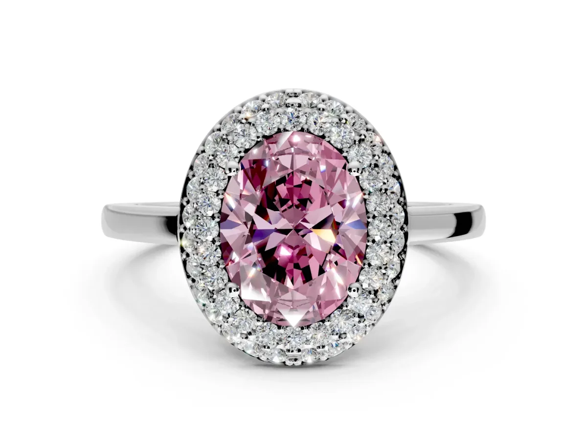 Halo Engagement Ring Setting for Fancy Pink Oval Center with Plain Tapered Band and Prong Head in Platinum