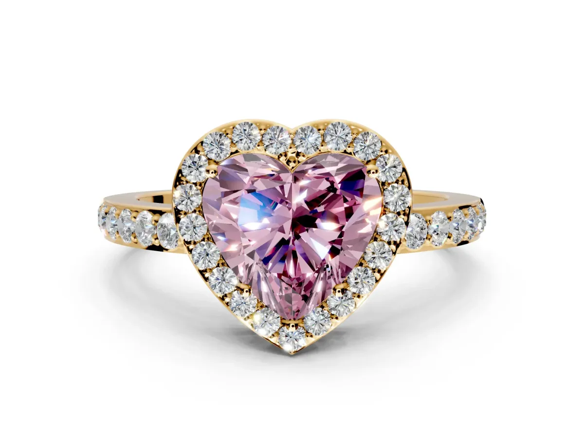 Halo Engagement Ring Setting for Fancy Pink Heart-Shaped Center with Heart-Shaped Openwork, Pave Band and Prong Head in Yellow Gold