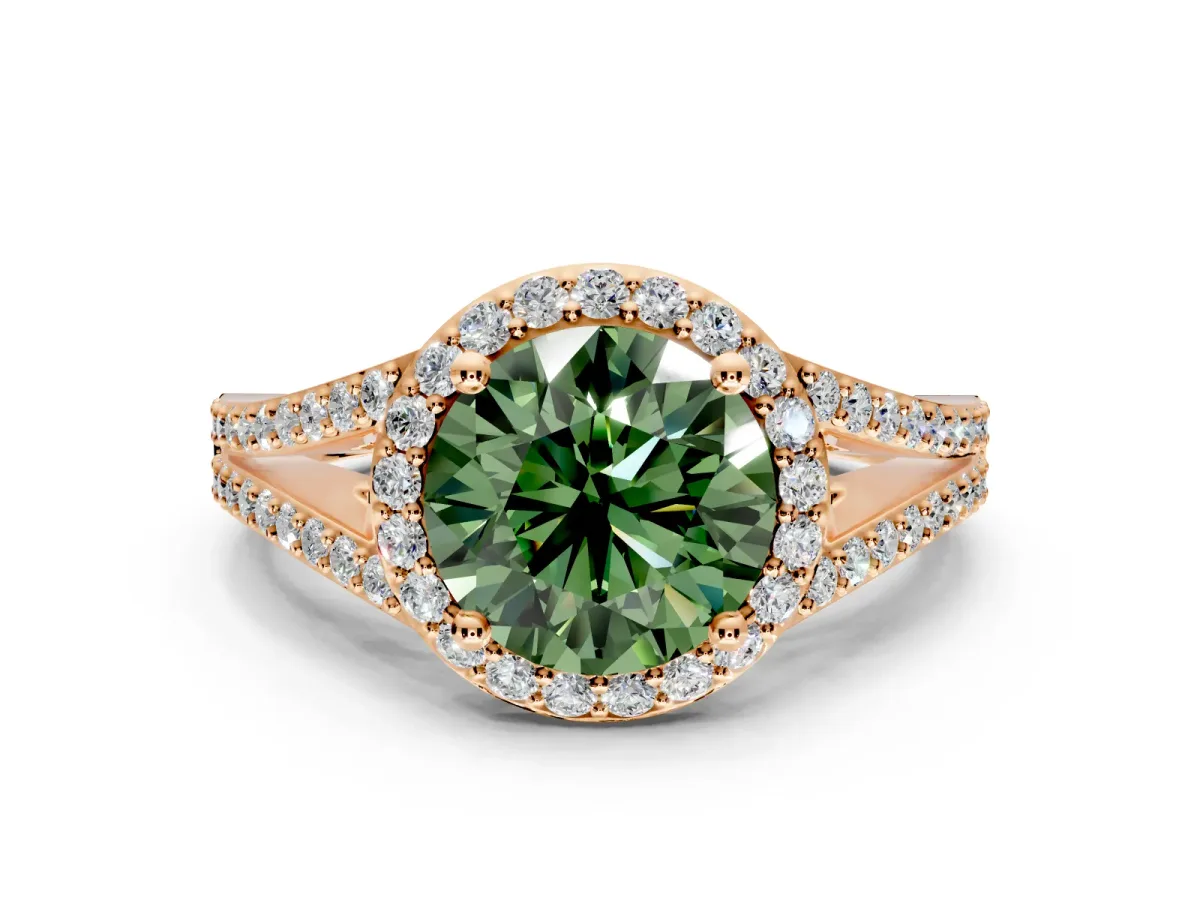 Halo Engagement Ring Setting for Fancy Green Round Cut Center with Pave Split Shank and Prong Head in Rose Gold