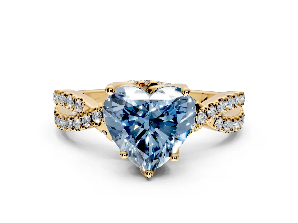 Solitaire Engagement Ring Setting for Fancy Blue Heart-Shaped Center with Narrow Twist Pave Band and Prong Head in Yellow Gold