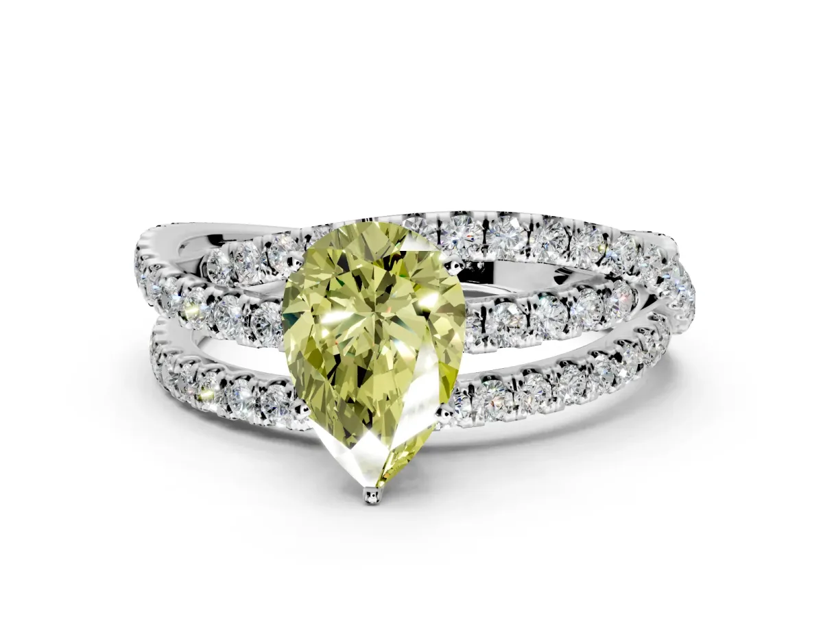 Solitaire Engagement Ring Setting for Fancy Yellow Pear-Shaped Center with Woven 3-Strand Pave Band and Prong Head in Sterling Silver