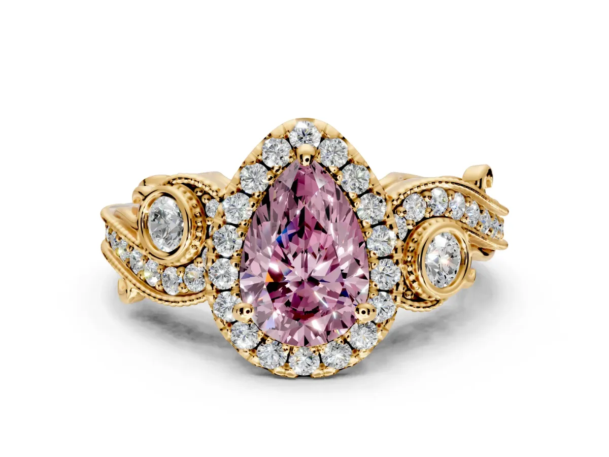 Milgrain Halo Engagement Ring Setting for Fancy Pink Pear-Shaped Center with Shoulder Bezels and Prong Head in Yellow Gold
