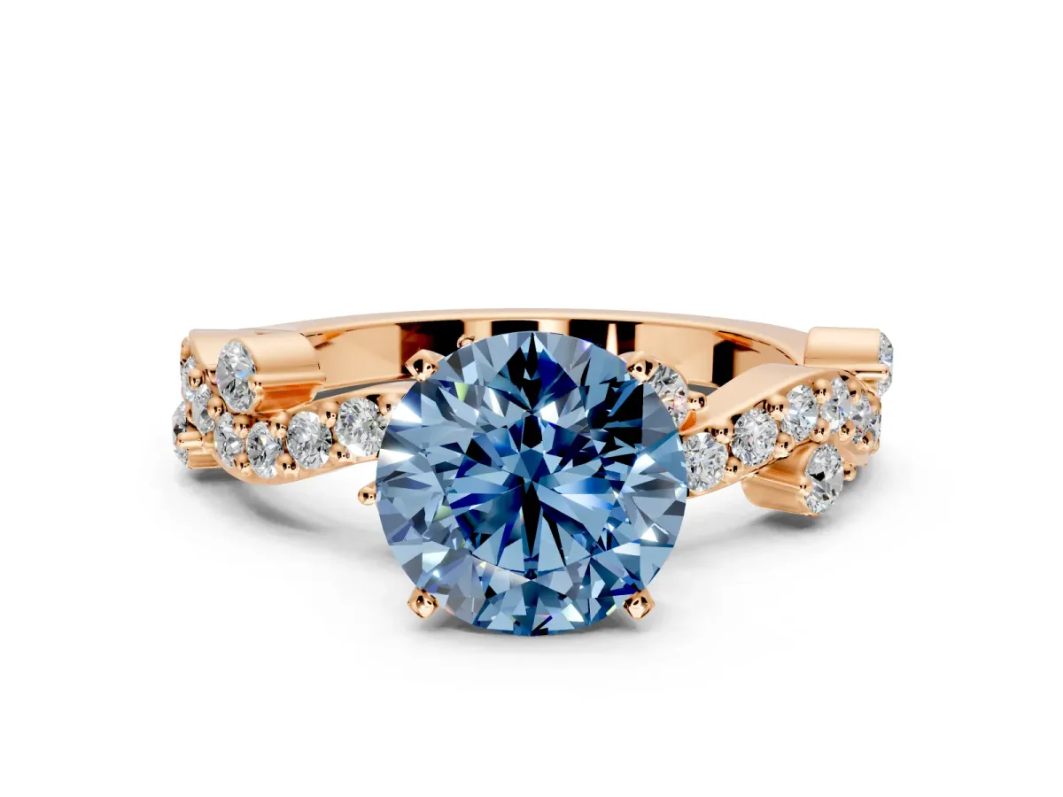 Solitaire Engagement Ring Setting for Fancy Blue Round Cut Center with Bar-Station Pave Twist and Prong Head in Rose Gold
