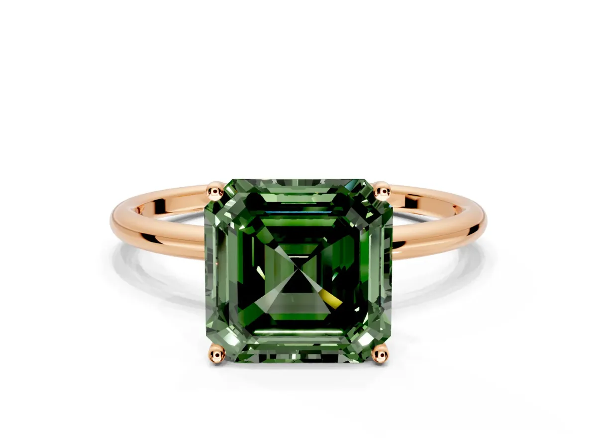 Solitaire Engagement Ring Setting for Fancy Green Asscher Cut Center with Straight Thin Band and Prong Head in Rose Gold