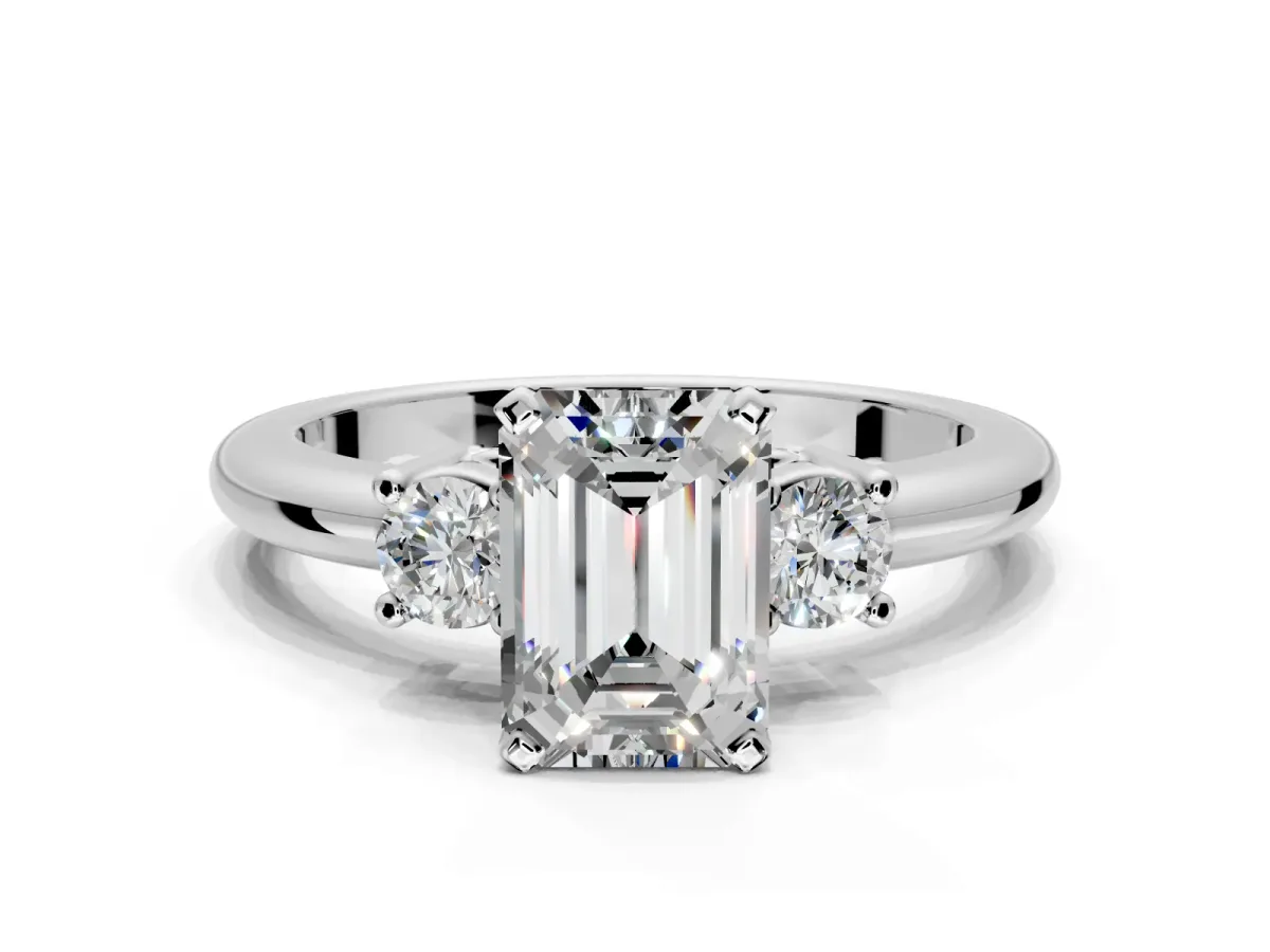 3 Stone Engagement Ring Setting for Emerald Cut Center with Wide Plain Band and Prong Head in Platinum