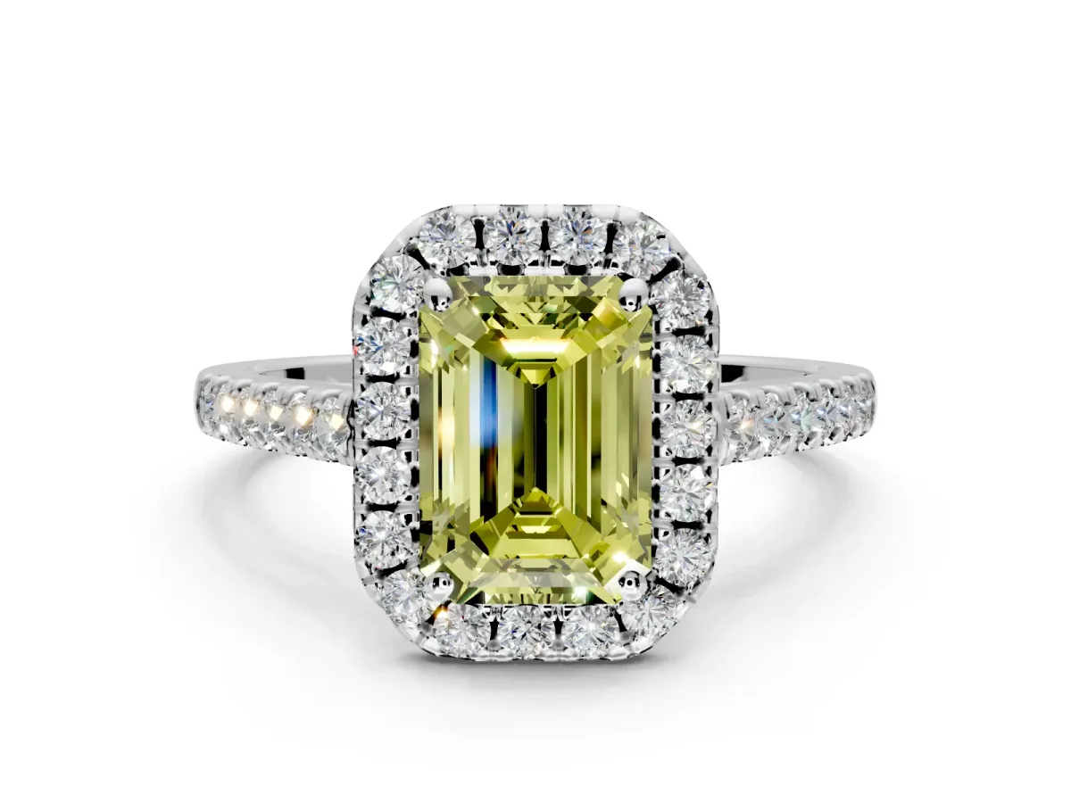 Halo Engagement Ring Setting for Fancy Yellow Emerald Cut Center with Narrowing Pave Band and Prong Head in Platinum