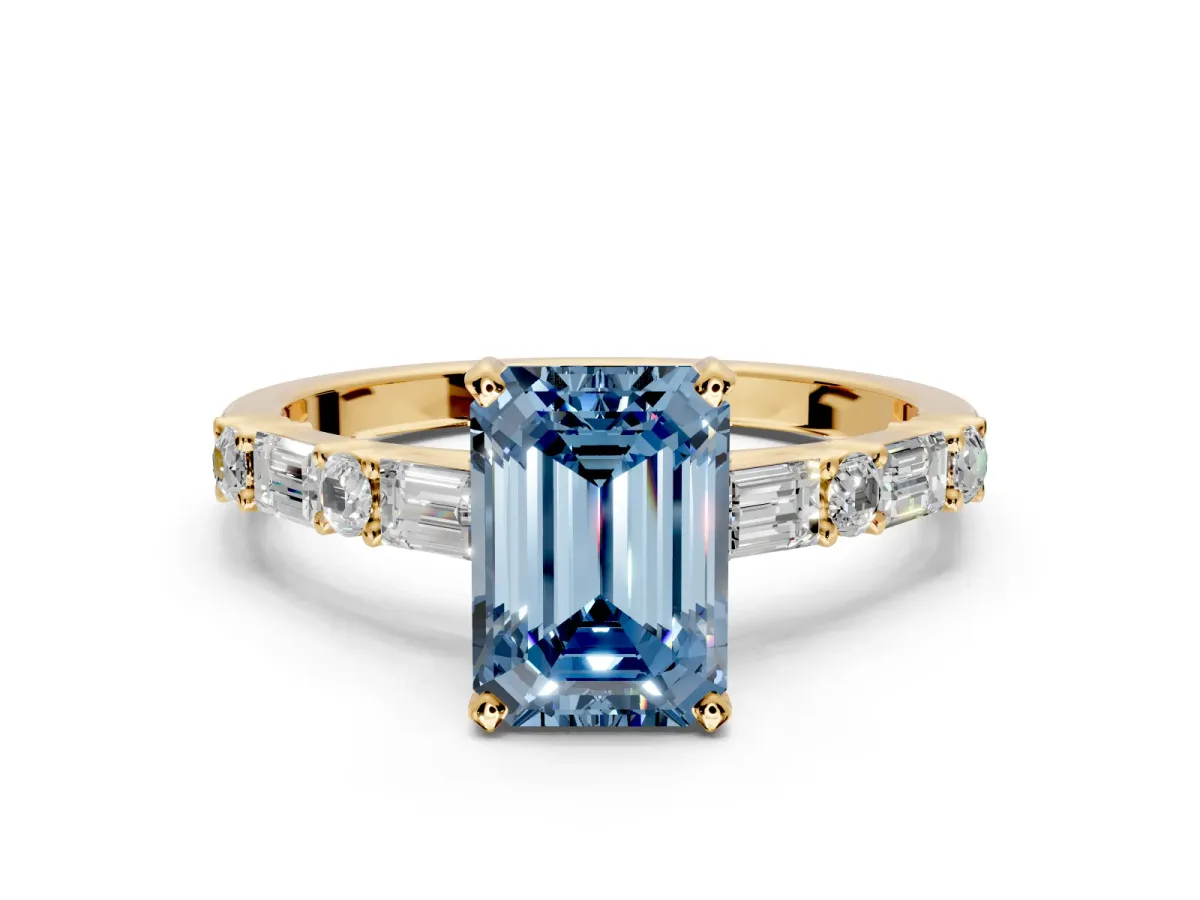 Baguette Engagement Ring Setting for Fancy Blue Emerald Cut Center with Alternating Bar-Set Band and Prong Head in Yellow Gold