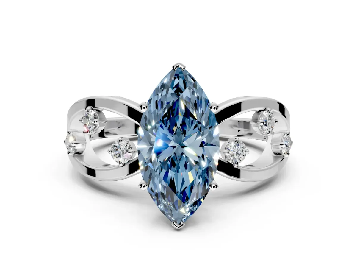 Solitaire Engagement Ring Setting for Fancy Blue Marquise Center with Criss-Cross Accent Band and Prong Head in Platinum