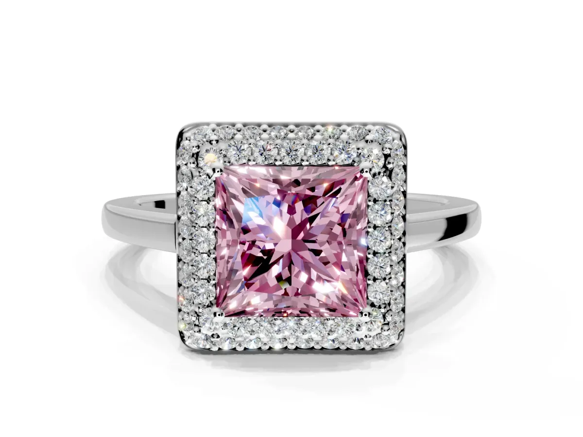 Halo Engagement Ring Setting for Fancy Pink Princess Cut Center with Plain Tapered Band and Prong Head in White Gold