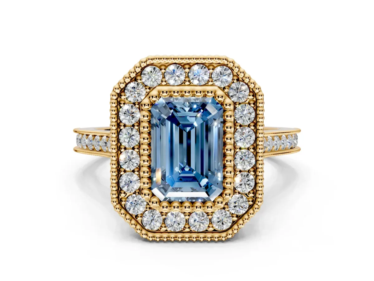 Halo Engagement Ring Setting for Fancy Blue Emerald Cut Center with Milgrain Frame, Pave Band and Prong Head in Yellow Gold