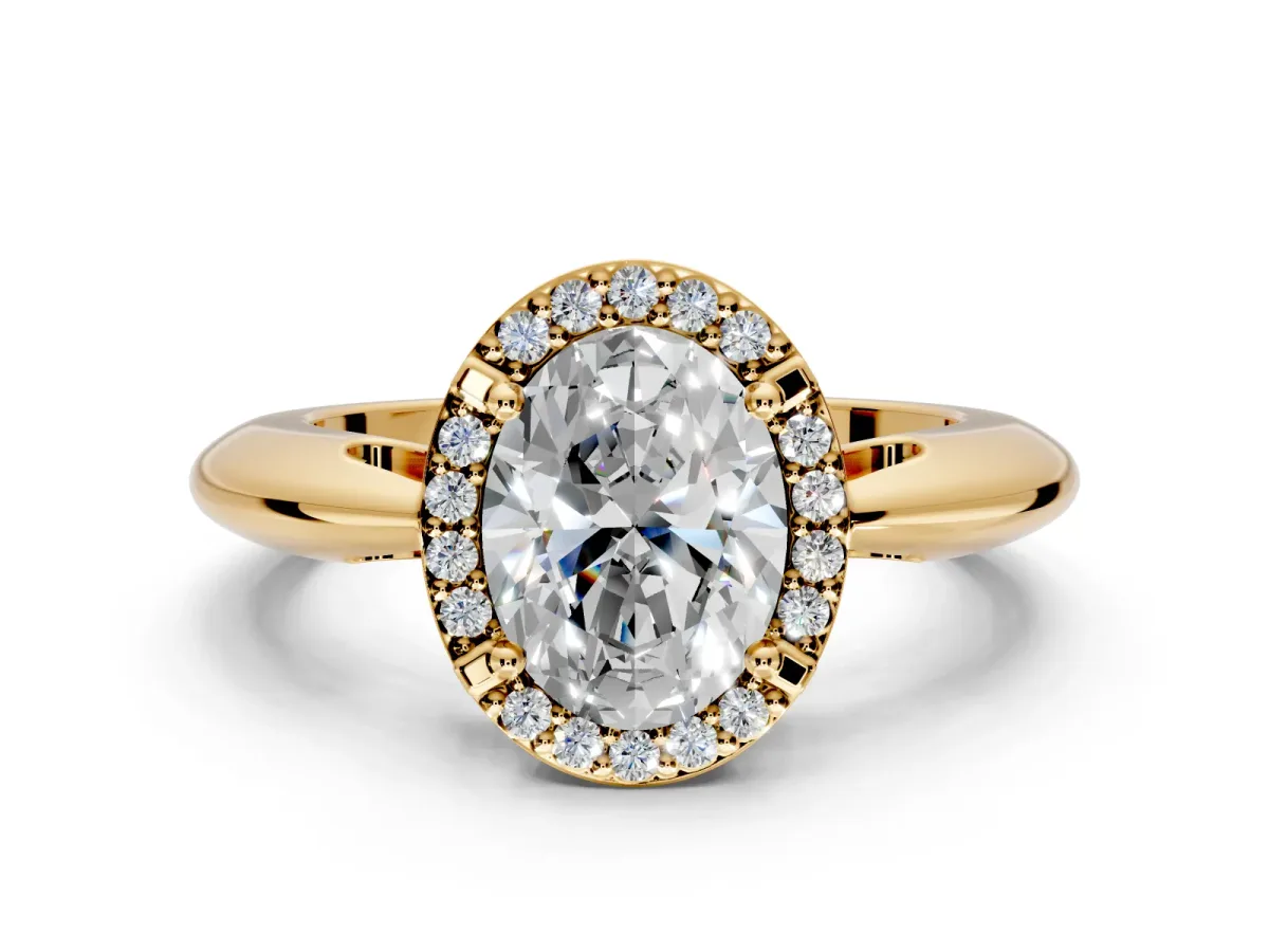 Halo Engagement Ring Setting for Oval Center with Tapered Plain Band and Prong Head in Yellow Gold