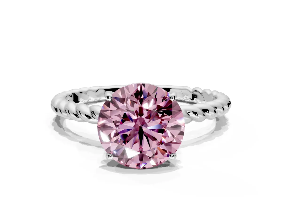 Solitaire Engagement Ring Setting for Fancy Pink Round Cut Center with Plain Twisted Rope Band and Prong Head in Platinum