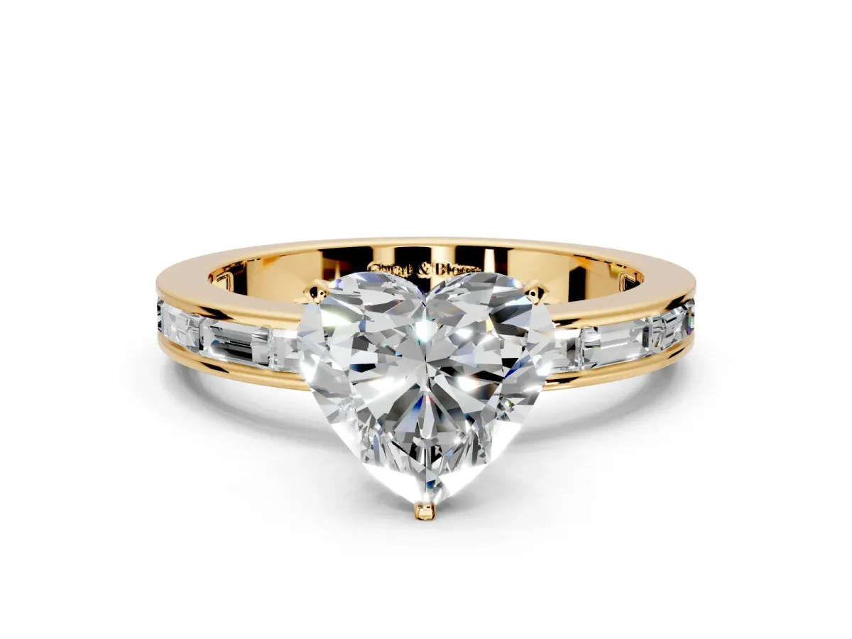 Solitaire Engagement Ring Setting for Heart-Shaped Center with Channel Baguette Band and Prong Head in Yellow Gold