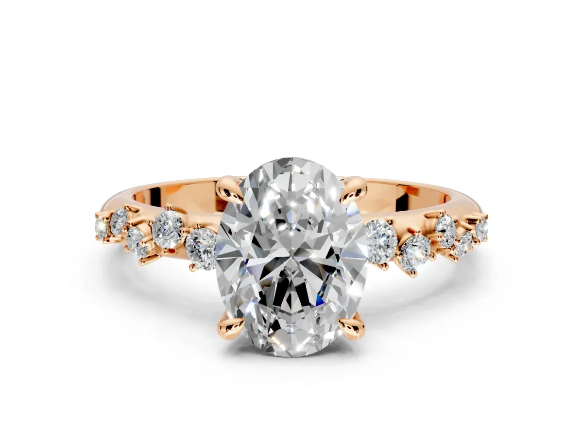 Solitaire Engagement Ring Setting for Oval Center with Trailing Leaf Accent Band and Prong Head in Rose Gold