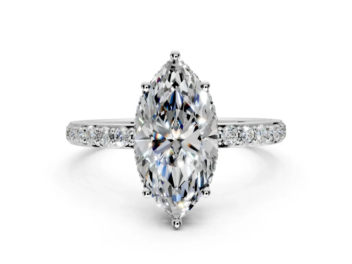Hidden Halo Engagement Ring Setting for Marquise Center with Pave Band and Prong Head in Sterling Silver