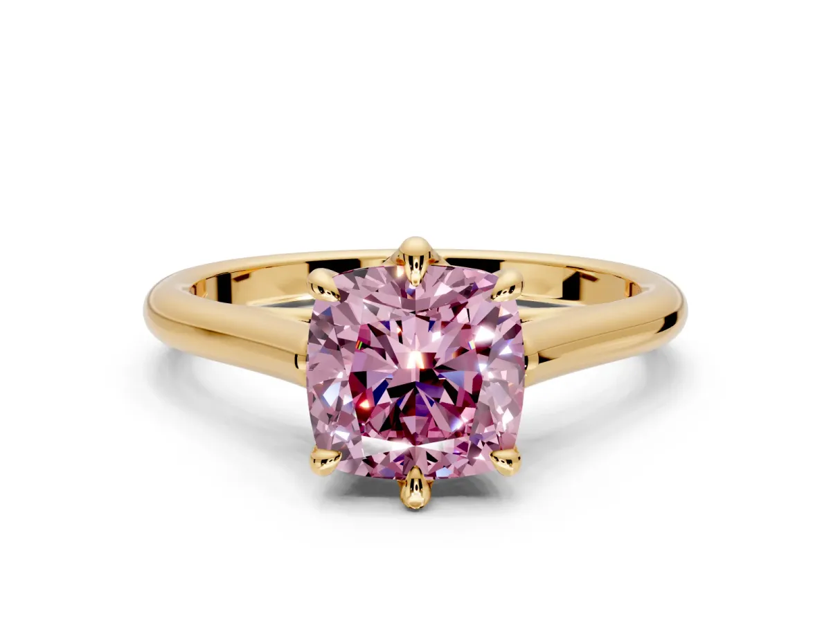 Solitaire Engagement Ring Setting for Fancy Pink Cushion Cut Center with Cathedral Band and Prong Head in Yellow Gold