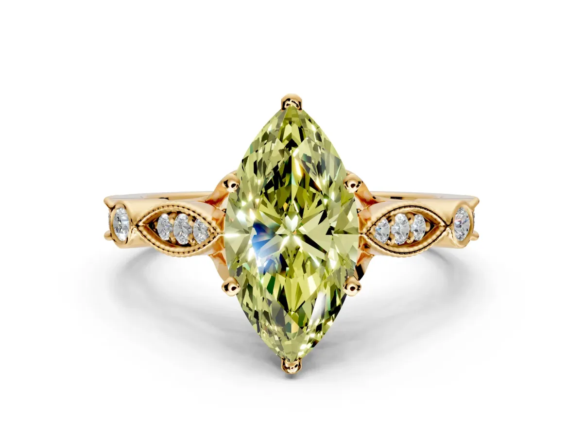 Solitaire Engagement Ring Setting for Fancy Yellow Marquise Center with Marquise and Bezel Accents and Prong Head in Yellow Gold