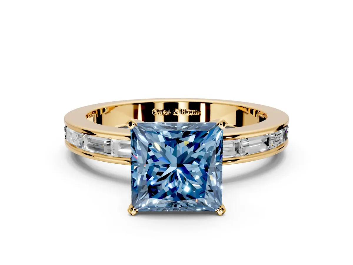 Solitaire Engagement Ring Setting for Fancy Blue Princess Cut Center with Channel Baguette Band and Prong Head in Yellow Gold