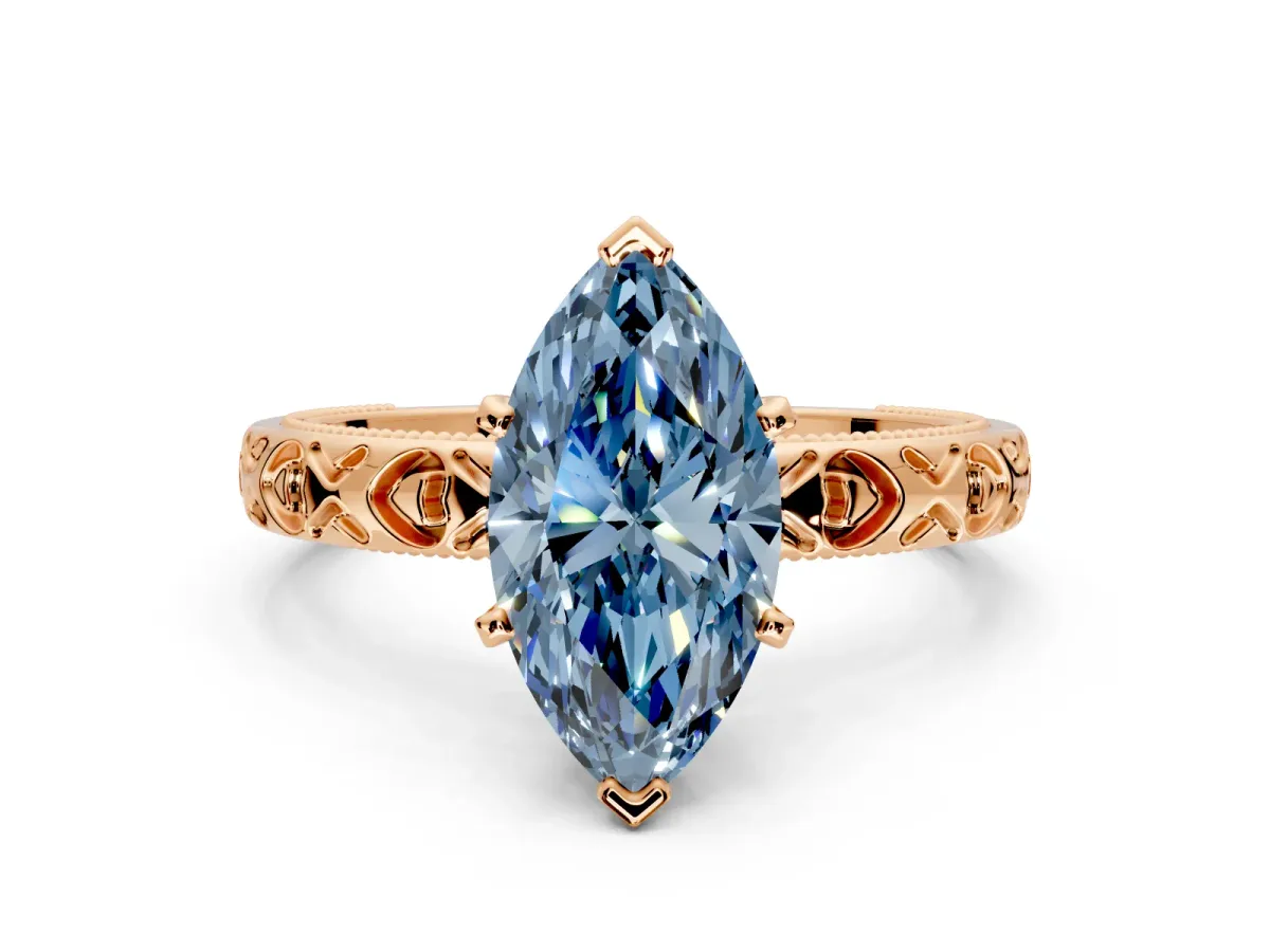 Solitaire Engagement Ring Setting for Fancy Blue Marquise Center with XO Engraved Band and Prong Head in Rose Gold