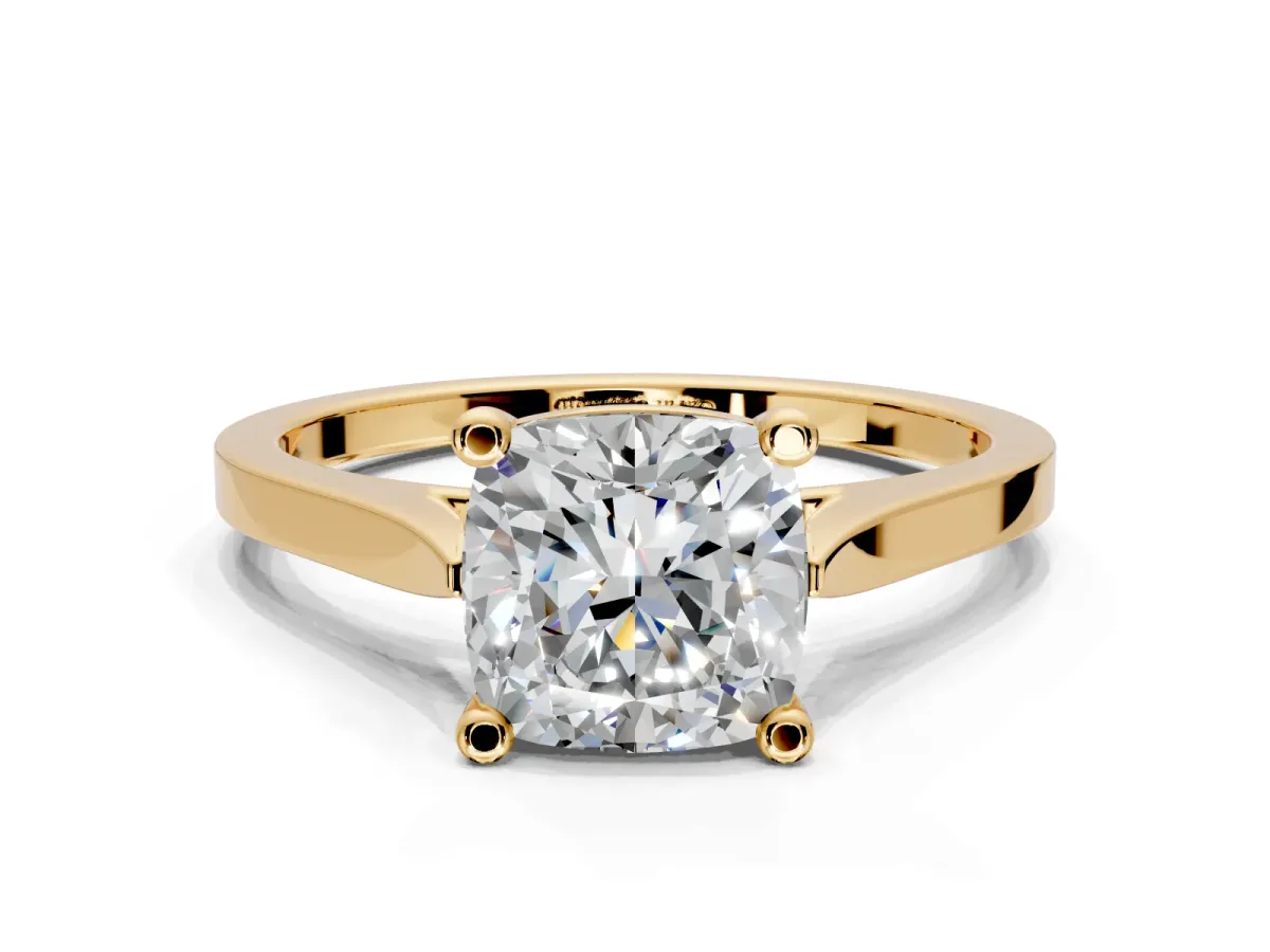 Solitaire Engagement Ring Setting for Cushion Cut Center with Tapered Shoulders and Prong Head in Yellow Gold
