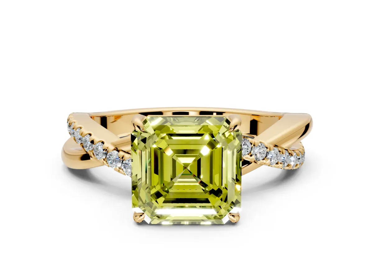 Crossover Engagement Ring Setting for Fancy Yellow Asscher Cut Center with Pave and Plain Strands and Prong Head in Yellow Gold