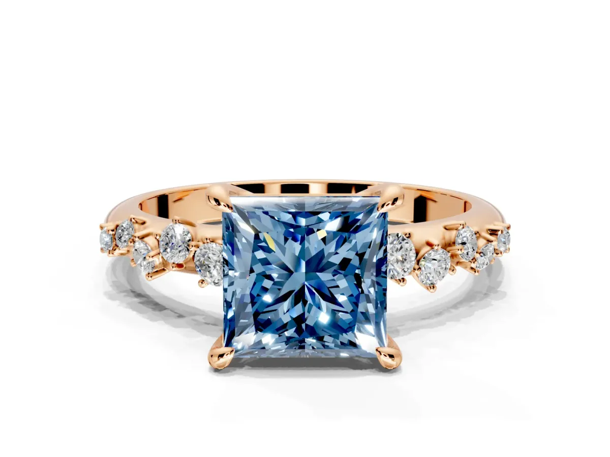 Solitaire Engagement Ring Setting for Fancy Blue Princess Cut Center with Trailing Leaf Accent Band and Prong Head in Rose Gold