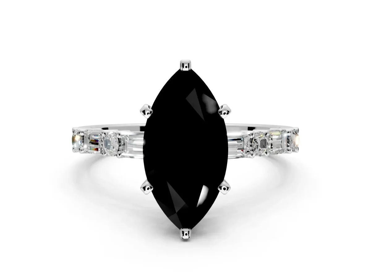 Baguette Engagement Ring Setting for Fancy Black Marquise Center with Alternating Bar-Set Band and Prong Head in Platinum