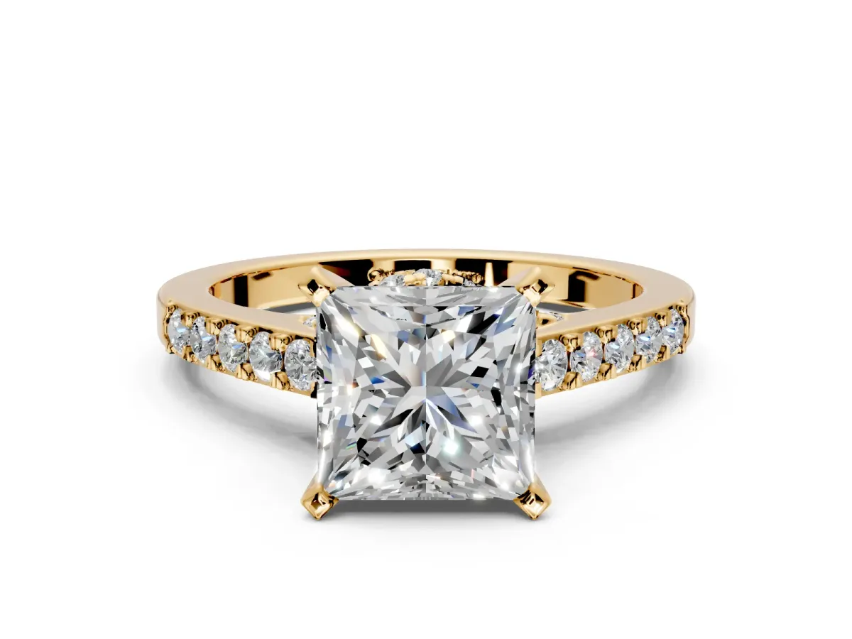 Solitaire Engagement Ring Setting for Princess Cut Center with Crossover Accents and Prong Head in Yellow Gold