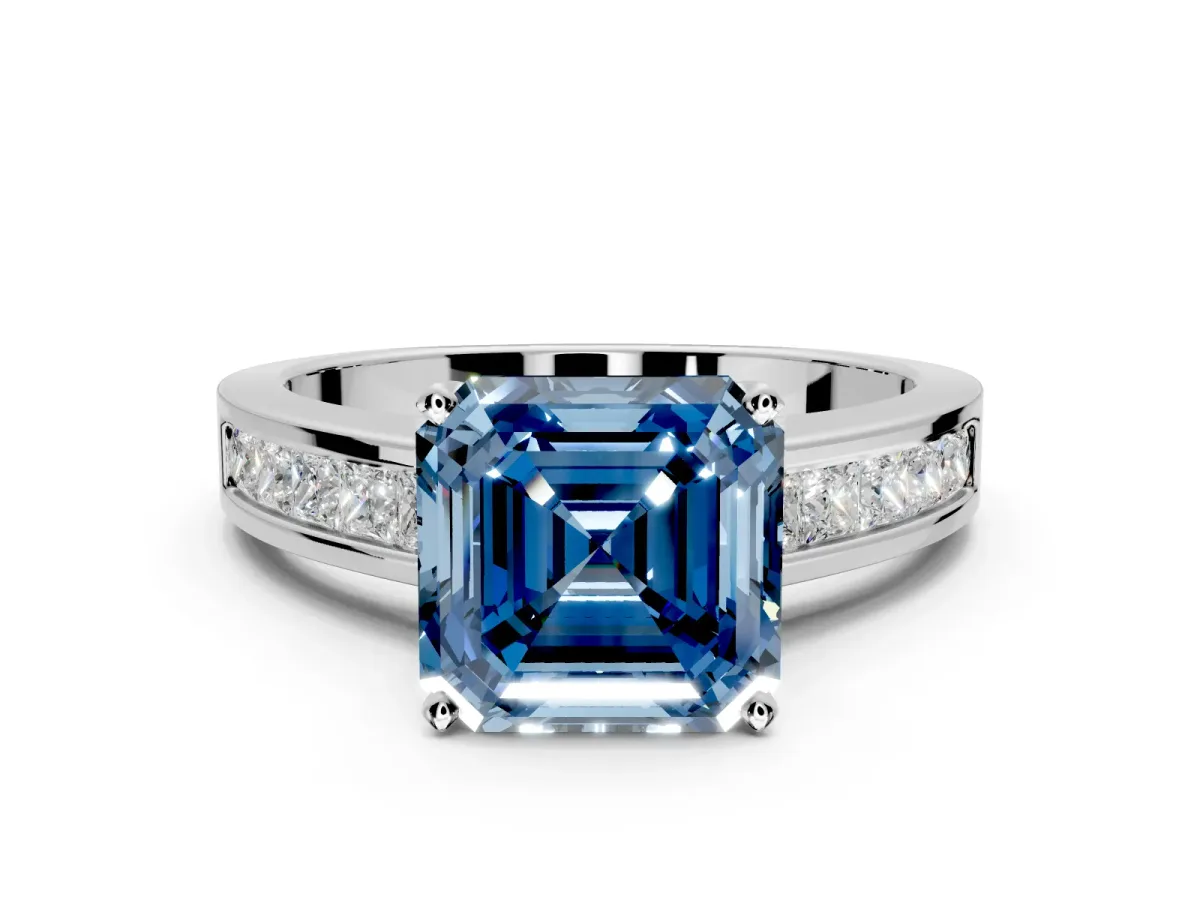 Solitaire Engagement Ring Setting for Fancy Blue Asscher Cut Center with Princess Cut Channel Band and Prong Head in Sterling Silver