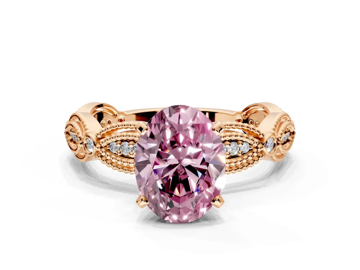Solitaire Engagement Ring Setting for Fancy Pink Oval Center with Marquise Panel Band and Prong Head in Rose Gold