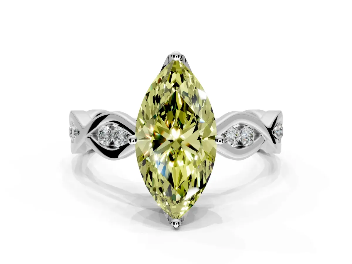 Solitaire Engagement Ring Setting for Fancy Yellow Marquise Center with Accented Twist Band and Leaf Prong Head in White Gold