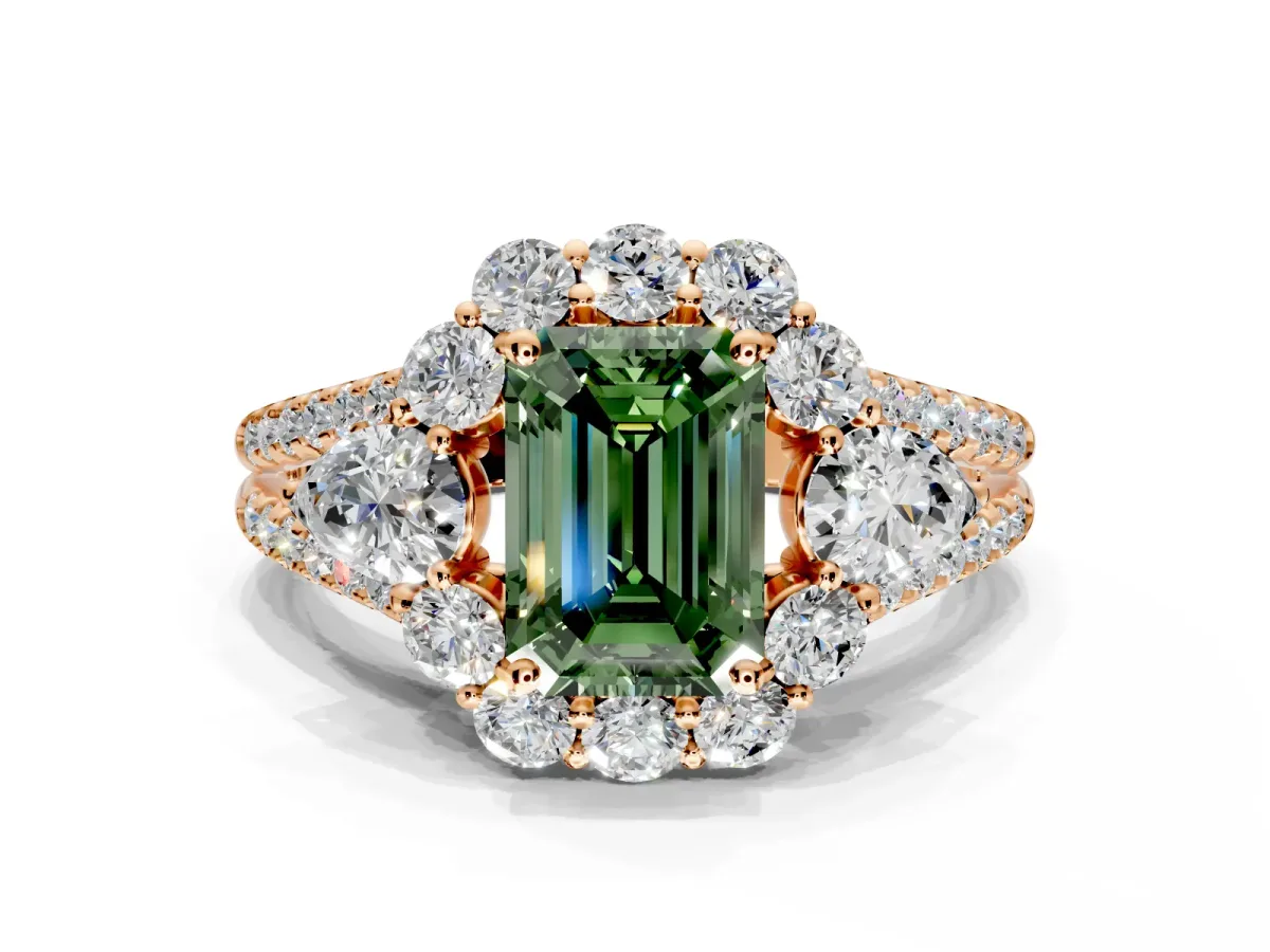 Halo Engagement Ring Setting for Fancy Green Emerald Cut Center with Two-Strand Split Shank and Prong Head in Rose Gold