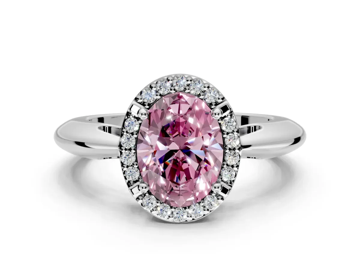 Halo Engagement Ring Setting for Fancy Pink Oval Center with Tapered Plain Band and Prong Head in Platinum